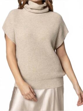 Lilla P Short Sleeve Ribbed Turtleneck Wool/Cashmere Sweater in Light Beige